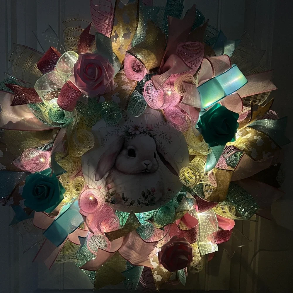 Handmade Spring or Easter Bunny Prelit Ribbon Wreath 22 in LED W22